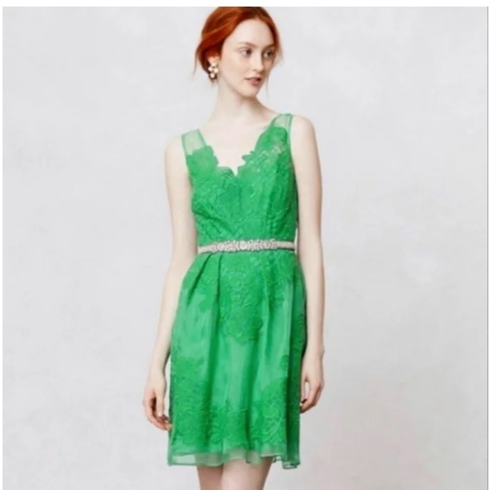 Anthropologie Yoana Baraschi Bright Green Lace Dress ~ Silk ~ Size 0